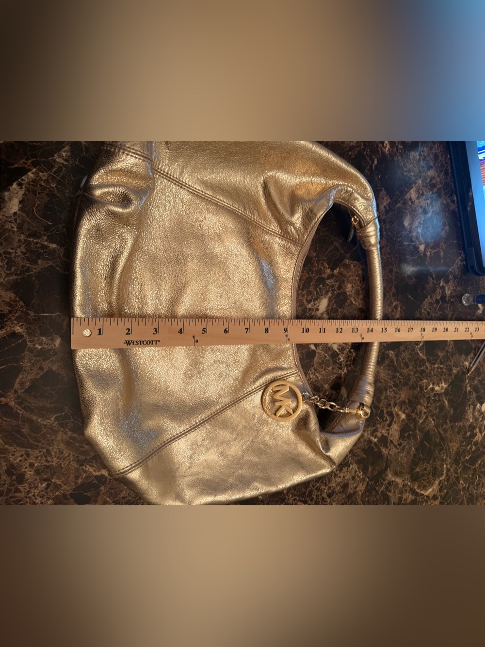 Michael Michael Kors Metallic Gold Leather Hobo Shoulder Bag Large Zip Top MK - Picture 4 of 12